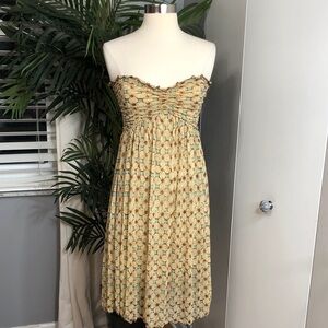 Diane Von Furstenberg Yellow silk Strapless Smocked Midi Dress with Teal Accents